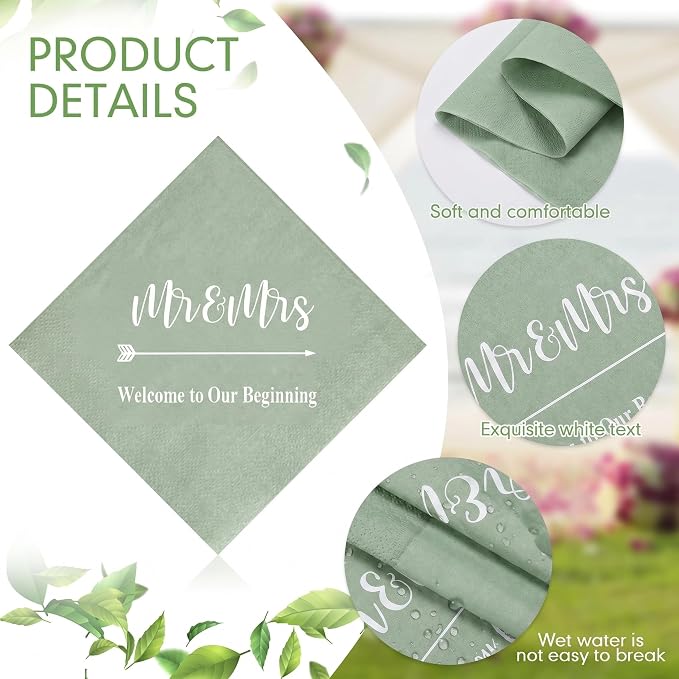 Teling 400 Pcs Wedding Napkins for Reception, 3 Ply Mr Mrs Wedding Cocktail Napkins for Engagement Bridal Shower Party Supplies Beverage Dessert Table Decorations(Sage Green)