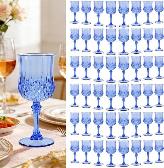Teruntrue 48 Pcs Blue Plastic Wine Glasses Vintage Wine Glass for Parties Crystal Plastic Goblets Drinking Glasses Reusable Drinkware for Wedding, Valentine’s Day, Parties, Grand Event