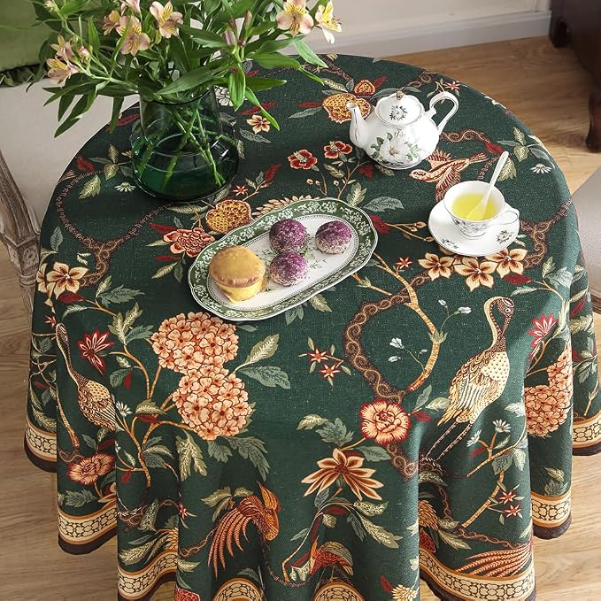 ISAENNE Designer Linen Green Round Tablecloth,Diameter 67"-Mitchell | Vintage Elegant Table Cloth for Round Table,Floral and Bird Pattern,Heavyweight,Dining Room,Kitchen,Thanksgiving,Decor