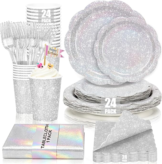 Silver Iridescent Plates and Napkins Set, Disposable Holographic Paper Plates Cups Napkins Forks Tablecloth Party Supplies for Birthday Baby Shower Bridal Shower Party Decorations, Serves 24 Guests