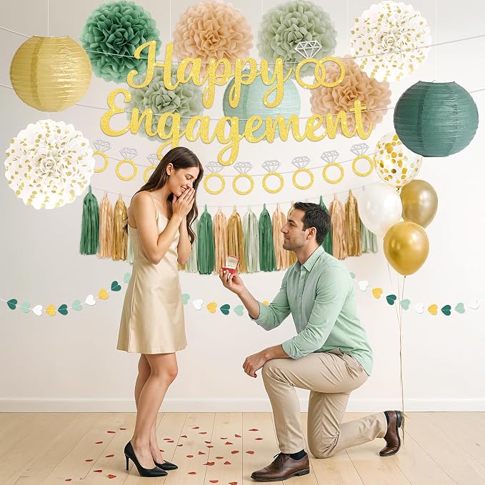 Kriyokiaa Engagement Party Decorations Sage Green Engaged Decorations with Gold Happy Engagement Banner, Includes Paper Pom Poms Paper Lanterns, Tassels for Couple Bridal Shower Decor
