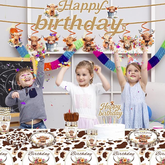 159pcs Brown Cow Birthday Decorations Include Tableware Set, Banner, Hanging, Tablecloth, Cupcake Topper, Centerpiece, for Western Farm Animals Kids Birthday Baby Shower, Serves 20