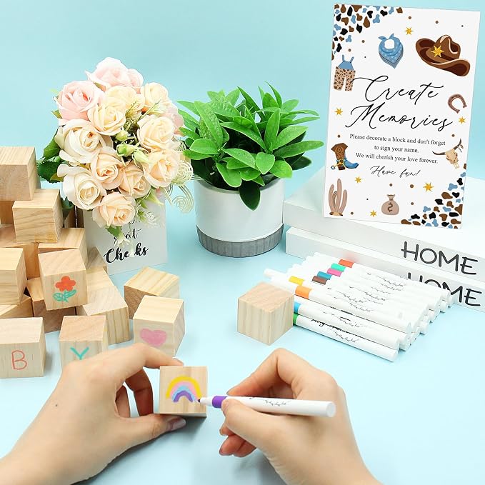 97 Pcs Baby Shower Games Sign Kit,Including Decorate a Block Game Sign 72 DIY Blank Wooden Block 24 Pen to Draw Your Idea for Cowboy Baby Shower Party Game Gender Reveal Party