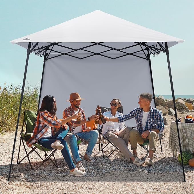 EAGLE PEAK 8x8 Pop Up Canopy Tent with Extended Eaves & Sidewall, Compact, Portable, Easy Setup Slant Leg Instant Shelter for Beach, Sports, & Camping, 8x8 Base 7x7 Top, White