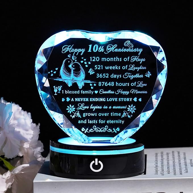 YWHL 10th Wedding Anniversary Crystal Heart Gifts for Couples with LED Base, Laser Engraved Happy 10th Anniversary Keepsake Gifts for Wife Husband, Romantic 10 Years of Marriage Gift for Her Him