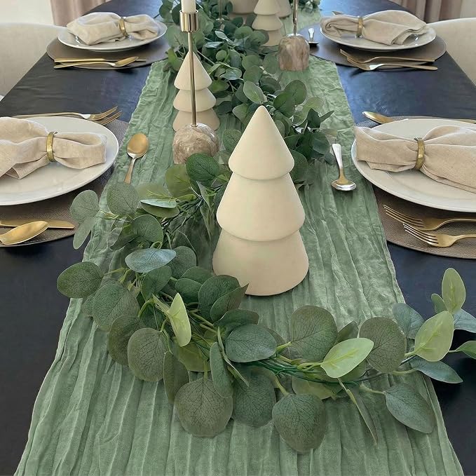 Leinuosen 8 Set 10 Ft Sage Green Cheesecloth Table Runner Wedding Decor with 6 Ft Eucalyptus Garland, Boho Gauze Table Centerpiece Runner for Wedding Baby Shower Birthday Party Decoration