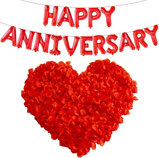 KatchOn, Red Happy Anniversary Balloons Letters - 16 Inch | Happy Anniversary Banner for Happy Anniversary Decorations | 000 Pcs Artificial Red Rose Petals - Silk