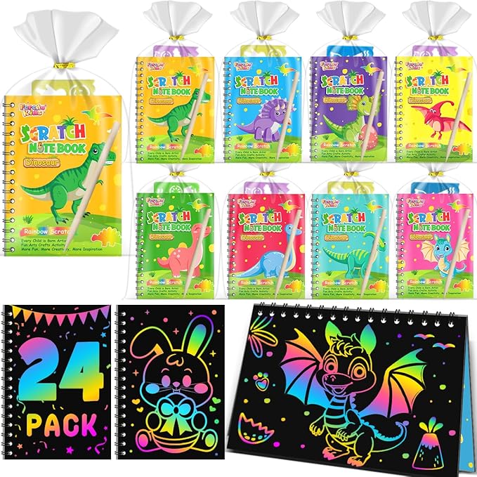 Scratch Art Party Favors for Kids 8-12: 24 Pack Dinosaur Rainbow Scratch Art Notebook, Easter Basket Stuffers, Coloring Books Goodie Bags Stuffers, Classroom Birthday Gifts for Student