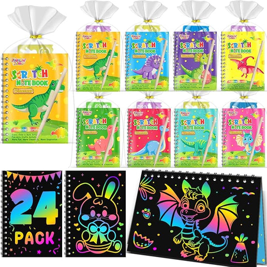 Scratch Art Party Favors for Kids 8-12: 24 Pack Dinosaur Rainbow Scratch Art Notebook, Easter Basket Stuffers, Coloring Books Goodie Bags Stuffers, Classroom Birthday Gifts for Student