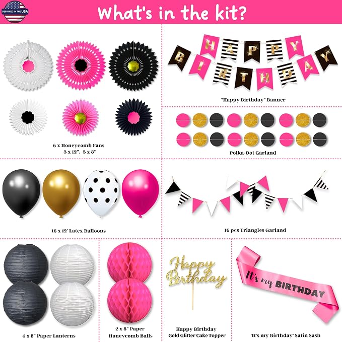 RainMeadow Pink Birthday Decorations for Women, Hot Pink and Black Party Decorations Kit, Happy Birthday Banner, Balloons, Paper Fans, Cake Topper, Sash, Pre-Strung for Girls & 40th 50th Milestones