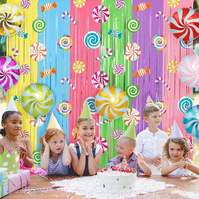 Blosssound 2 Packs Candyland Party Decorations 3.3 x 6.6 ft Colorful Candy Foil Fringe Curtain Dark Sweet Candy Tinsel Streamers for Lollipop Candyland Birthday Baby Shower Sweet Shop Party Decoration