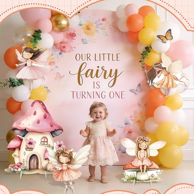 Fairy First Birthday Decoration 5PCS Floral Fairy Princess Cardboard Cutout Pink Stand Up Prop Mushroom Door Backdrop Yard Stake for Enchanted Woodland Fairytale Party Decor