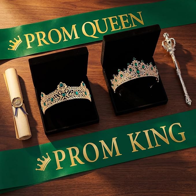 Retrowavy 4 Pcs Prom King and Queen Crown Set with Sashes Prom King Queen Sash and Tiara Set for 2026 Grad Birthday Carnival Wedding Costume Accessories(Dark Green)