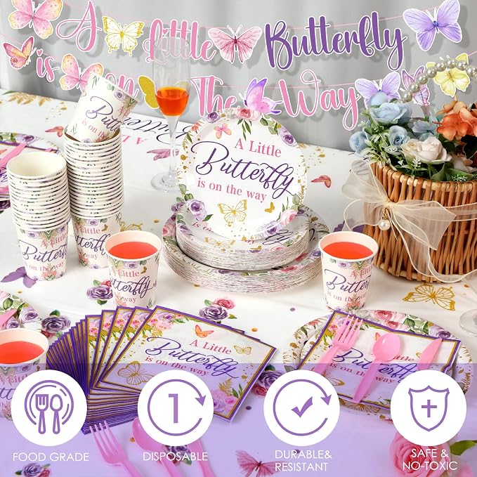 405 Pcs Butterfly Baby Shower Tableware Set Little Butterfly Is On The Way Baby Shower Plates and Napkins Supplies Include Tablecloth Banner Cups for 50 Guest Girls Floral Butterfly Theme