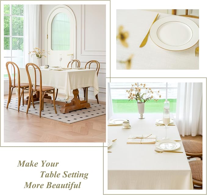 Linen World Linen Tablecloth 120x60 Inch, Rectangular Tablecloth Luxury Texture & Linen Look – Soft, Cool & Breathable Linen Blend Tablecloth for Dining, Kitchen, Outdoor, Easter-Creamy White
