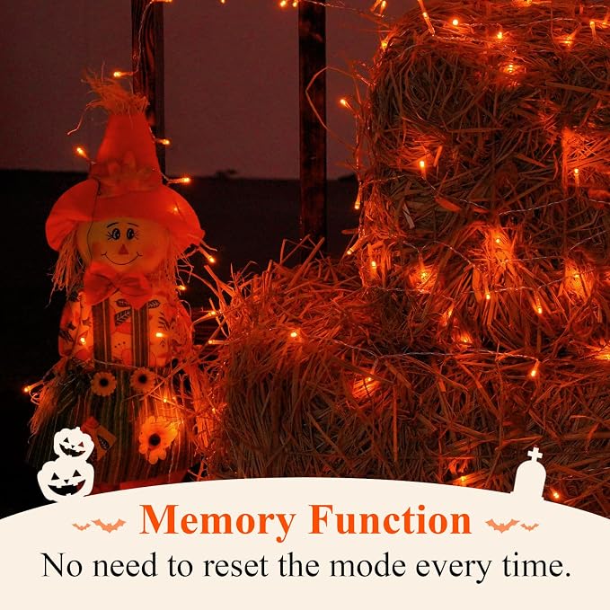 QITONG 2 Pack Orange Battery Operated Halloween Lights, Each 33ft 100 LED String Lights Outdoor Waterproof with Remote, Clear Wire Christmas Twinkle Lights with 8 Modes Indoor
