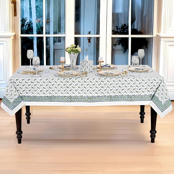 Ridhi Lattice Bloom Hand Block Print Cotton Rectangle Tablecloth 108" x 60" inches Reusable Table Cover Decorative Everyday Use for Dining Room, Farmhouse, Home Gift for Spring, Mother's Day