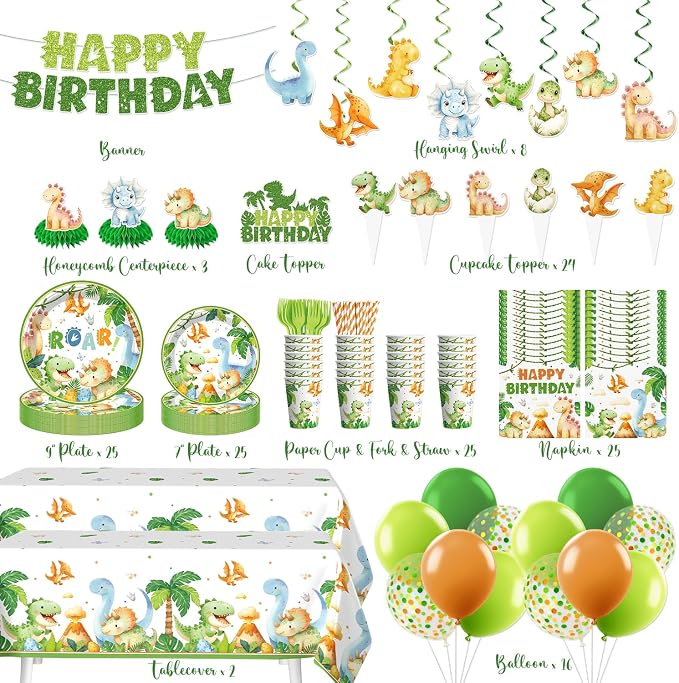 213 pcs Dinosaur Birthday Party Decorations Serve 25, All-in-One Dinosaur Party Decorations Includes Plates, Tablecloth, Cake Toppers, Cupcake Toppers