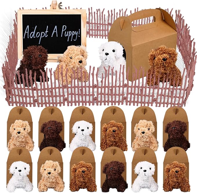 Adopt A Puppy Party Favors Mini Plush Stuffed Animals Set with 12 Plush Puppy Mini Fence Blackboard Kraft Paper Box for Adopt An Animal Themed Birthday Party