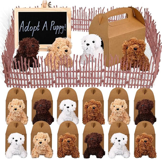 Adopt A Puppy Party Favors Mini Plush Stuffed Animals Set with 12 Plush Puppy Mini Fence Blackboard Kraft Paper Box for Adopt An Animal Themed Birthday Party