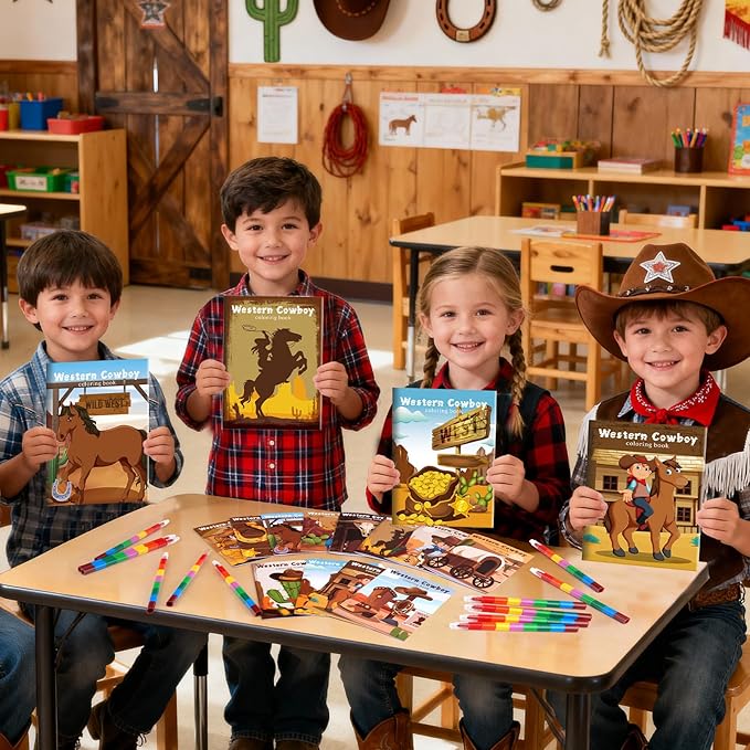 BenLouis 24 Western Cowboy Mini Coloring Books Kids With 24 Stacking Crayons Wild West Party Favors Activity Books Bulk for Kids Yee Haw Rodeo Goodie Bag Gift Stuffer Classroom Reward