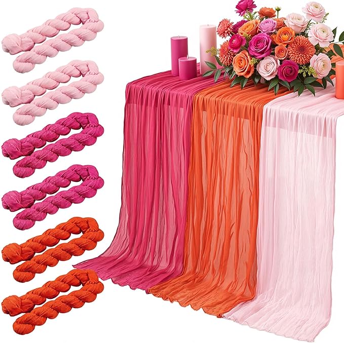 6 Pcs Pink Orange Sunset Party Decorations Table Runner Cloth Summer Boho Gauze Cheese Cloth Runner 118" Rustic Table Decor for Wedding Birthday Party Baby Bridal Shower Tequila Decor