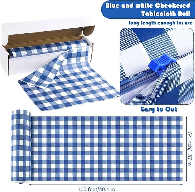 Kochorie 54 Inch x 100 Ft Blue Checkered Plastic Table Cloth Roll Disposable Waterproof Table Cover Plastic Table Cover Roll with Easy Slide Cutter for Outdoor Picnic/Home Dining/Summer Party