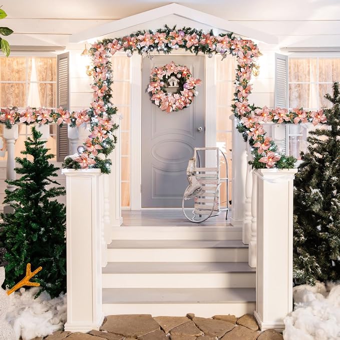 Zubebe 2 Pcs Prelit Poinsettia Christmas Garland with String Lights Glitter Holly Leaves Berries Remote Timer 8 Modes 6.5 ft Lighted Flower Garland Battery Operated Indoor Outdoor Decor(Rose Gold)