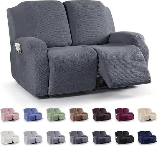 KinCam Recliner Loveseat Covers, Stretch Reclining Cover, Recliner Sofa Slipcovers Stripe Jacquard Recliner Couch Covers Furniture Protector Cover for Pet Kid (2 Seater, Dark Gray)