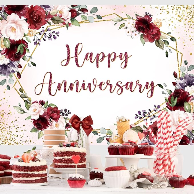 InMemory Happy Anniversary Backdrop Burgundy Flower Rose Wall Decoration Banner Couple Marriage Engagement Bridal Shower Wedding Anniversary Party Photography Background Photo Props 7x5ft