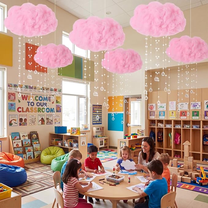Marsui Artificial Cloud Props LED Hanging Cloud String Light Fake Imitation 3D Cotton Classroom School Decor Raindrop for Room Ceiling Baby Shower Party Wedding Nursery Wall DIY Decor (Pink,6 Pcs)