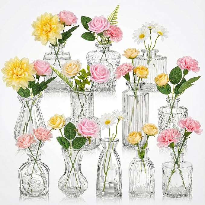 36 Pcs Artificial Flowers Table Centerpiece with Vases Colorful Wildflower Centerpieces Silk Flower Arrangement for Wedding Baby Shower Table Centerpieces Party(Warm Tone,Clear)
