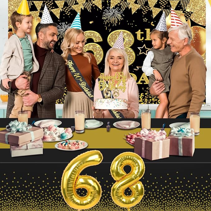 68th Birthday Decorations Men Women with 68th Birthday Banner, Black and Gold Table Cloth, Number Balloons, Sash, Cake Topper and Candles