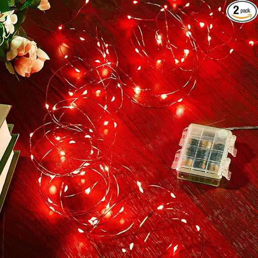 Ariceleo 2 Pack 16.4 Ft. Battery Operated Outdoor String Lights with Remote & Timer, LED Red Fairy Lights, Waterproof Twinkle Lights for Bedroom, Dorm, Mason Jar, Wedding, Party, Christmas