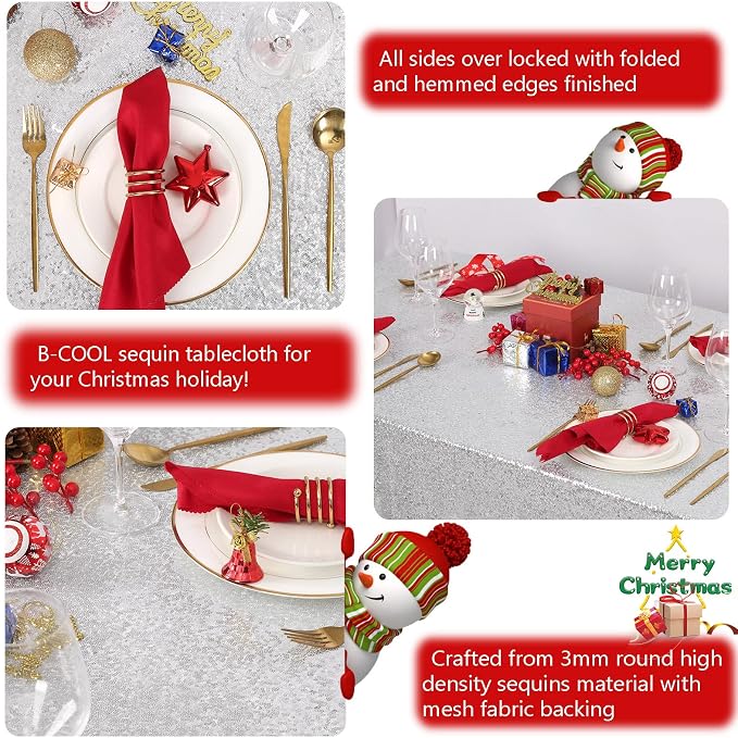 B-COOL Silver Sequin Tablecloth Christmas 50x80 Inch Glamorous Halloween Table Cloth for Thanksgiving Day Wedding Party Curtain Birthday New Year and Other Events Decor