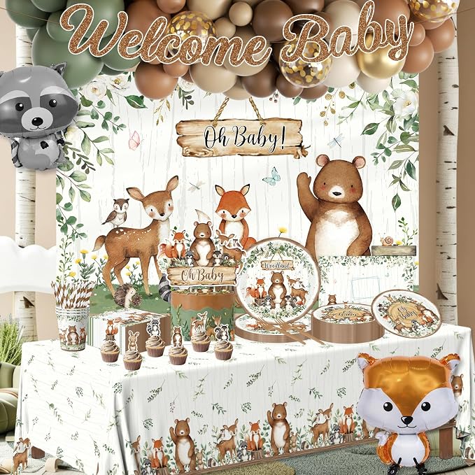 Woodland Baby Shower Decorations,273pcs Woodland Animals Baby Shower Decorations With Plates and Napkins Cups Tablecloth Backdrop Balloon Arch Cake Toppers for Woodland Creatures Baby Shower Supplies