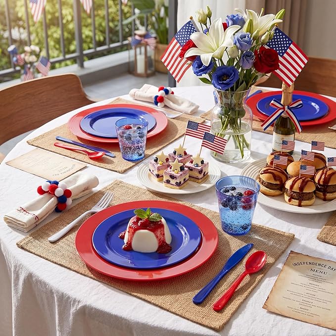 KIRE 150PCS 4th of July Plates & Red White Blue Disposable Plastic Silverware &Clear Blue Cups-American Flag Patriotic Party Supplies for Celebration Activities,Independence Day, Memorial Day