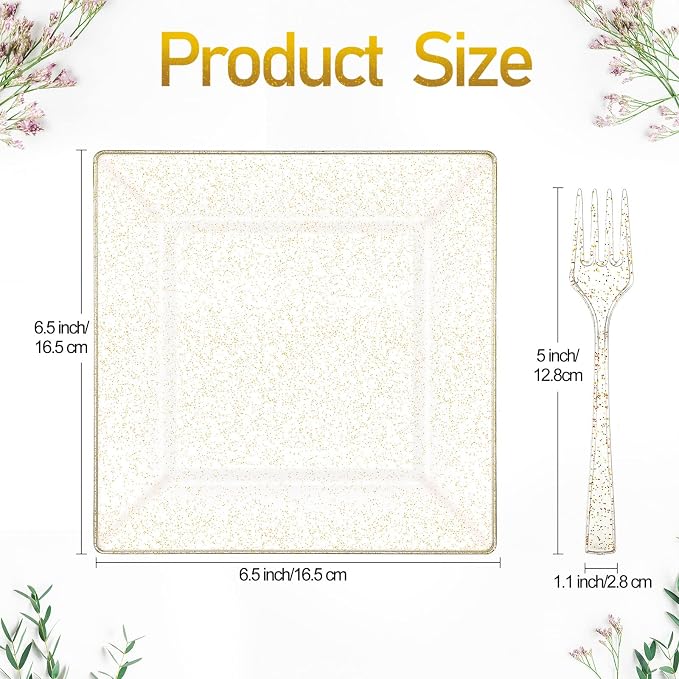 Eccliy 200 Pcs Gold Glitter Plastic Plate Sets Including 100 Disposable Glitter Plates 6.5 Inch and 100 Dessert Forks 5 Inch Clear Dinner Appetizer Forks Bulk for Birthday Wedding Party