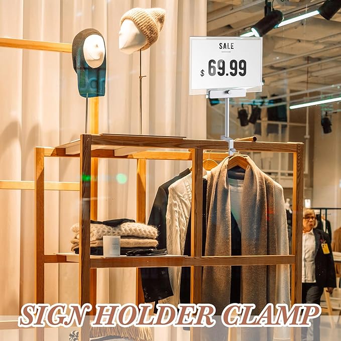 FoldTier 6 Set 5.5 x 7 Inch Clothing Rack Sign Holder Aluminum Alloy Retail Sign Holder with Clamp Acrylic Frame for Retail Stores Price Card Display(Silver)