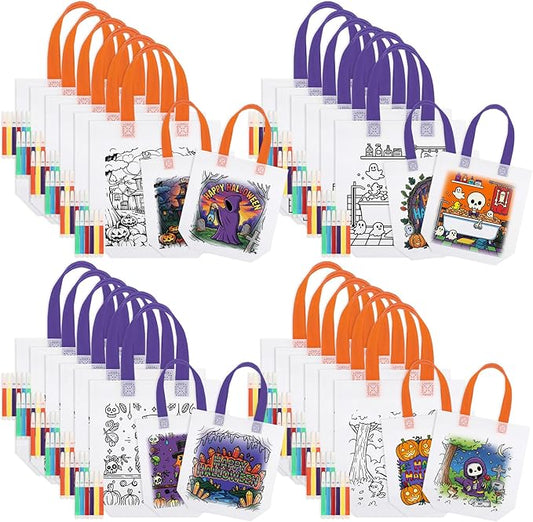 Sunnymove 24 Pcs Double-sided Halloween Coloring Goodie Bags with 144 Paint Pens, Color Your Own Halloween Non Woven Candy Gift Reusable Party Favor Bags for Pumpkin Ghost DIY Painting
