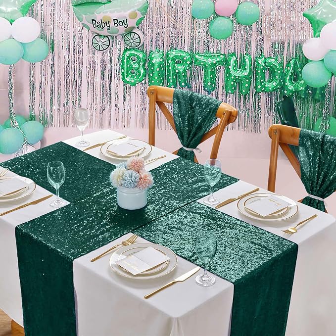Sequin Table Runners 10 Pieces Emerald Green Table Runners 12x108 Inch Glitter Dining Table Cover for Party Wedding Birthday Reception Banquet Decoration Spring Party Chair Sashes