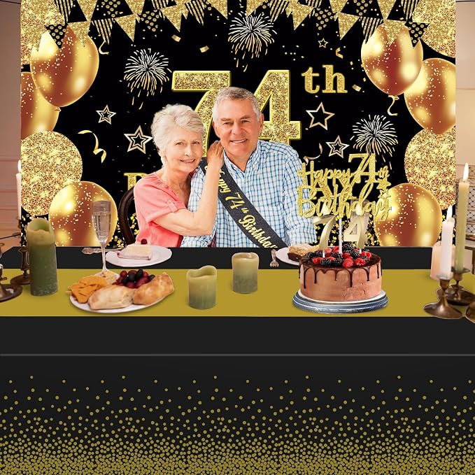 74th Birthday Decorations Men Women with 74th Birthday Banner, Black and Gold Table Cloth, Number Balloons, Large Sash, Cake Topper and Candles
