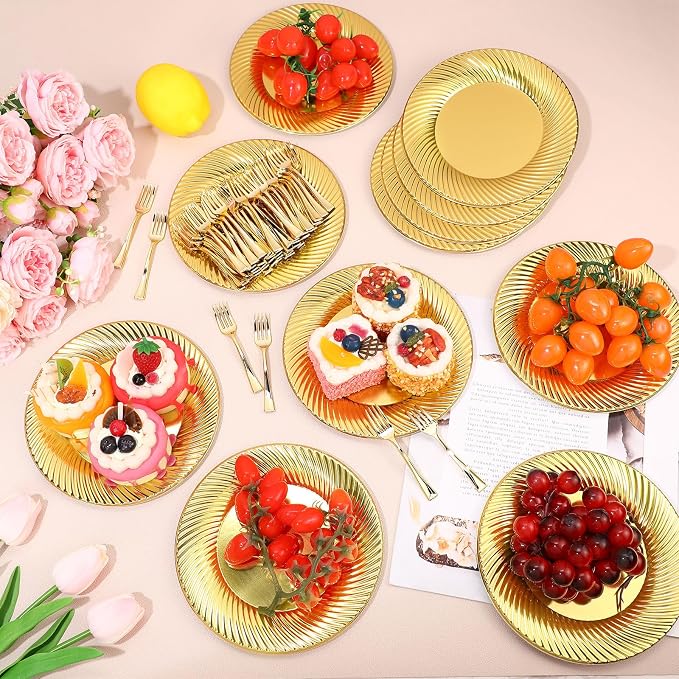 Tioncy 200 Pcs Gold Plastic Dessert Plates with Mini Forks Set for 100 Guests Includes 100 Pcs 7'' Disposable Cake Plates 100 Pcs 3.94'' Gold Plastic Forks for Wedding Birthday Party Dessert Table