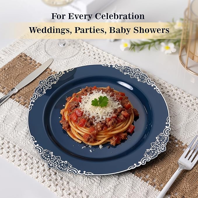Goodluck 100PCS Navy Blue Plastic Plates with vintage silver trim – 10.25” Heavy Duty Disposable Dinner Plates & Party Plates for Weddings, Parties, Events – Elegant, Sturdy