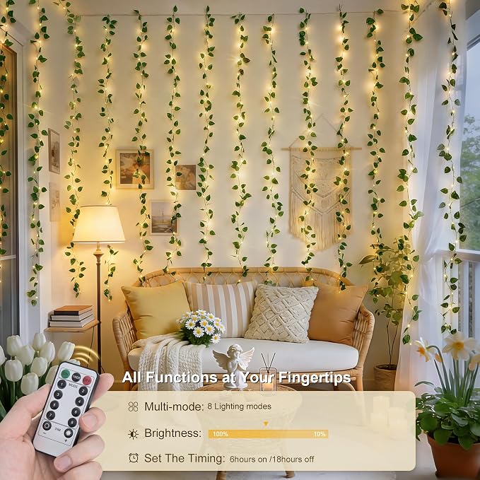 JMEXSUSS 200 LED Vine Lights Battery Operated & USB Powered, Pothos Vines with Fairy Lights Waterproof, Curtain Lights with Remote for Bedroom, Wedding, Dorm, Indoor, Outdoor Decor, 6.5x6.5ft