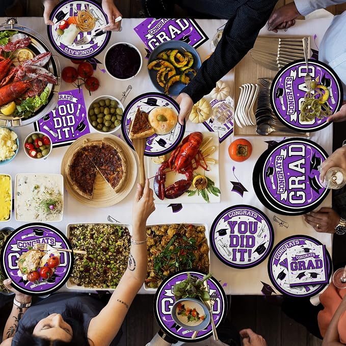 Graduation Party Supplies Dinnerware Set purple Disposable dinner paper plates dessert paper plates and Napkins for Congrats Grad Party Decorations, Serve 50