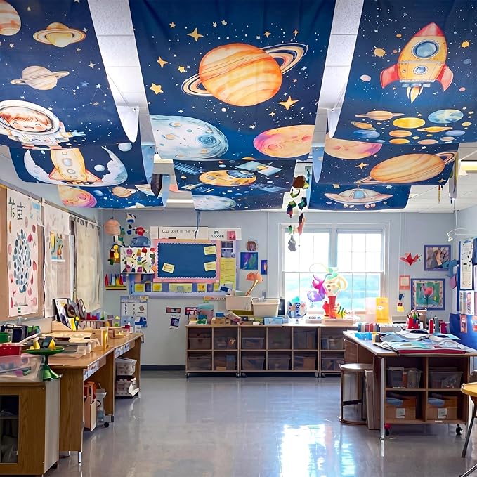 Gilprop 3 Pack Space Galaxy Ceiling Decorations for Classroom 24" x 12 ft Astronaut Rocket Planet Universe Hanging Banners, Outer Space Theme Decor for Nursery School Church Sunday Birthday Party