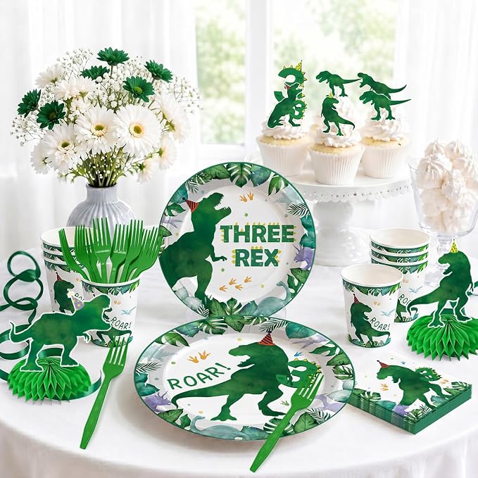 Xynic 209Pcs Three Rex Birthday Decorations Boy, All-in-One Party Supplies Includes Banner, Candle, Balloons, Plates and Napkins, Easy Setup Dinosaur 3rd Birthday, Serves 25