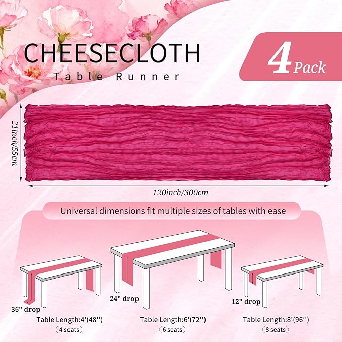 4 Pack Cheesecloth Table Runner 10FT Hot Pink Table Runner Boho Gauze Cheese Cloth Table Runners Long Rustic Sheer Table Decorations for Wedding Party Baby Bridal Shower Birthday Holiday Home