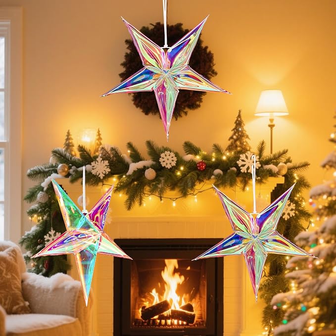 SUNBEAUTY 14 Inch 5 - Pointed Iridescent Christmas Lights Moravian Star 3D Christmas Party Decor Hanging for Wedding Birthday Showers Home Evening Party Window Decoration